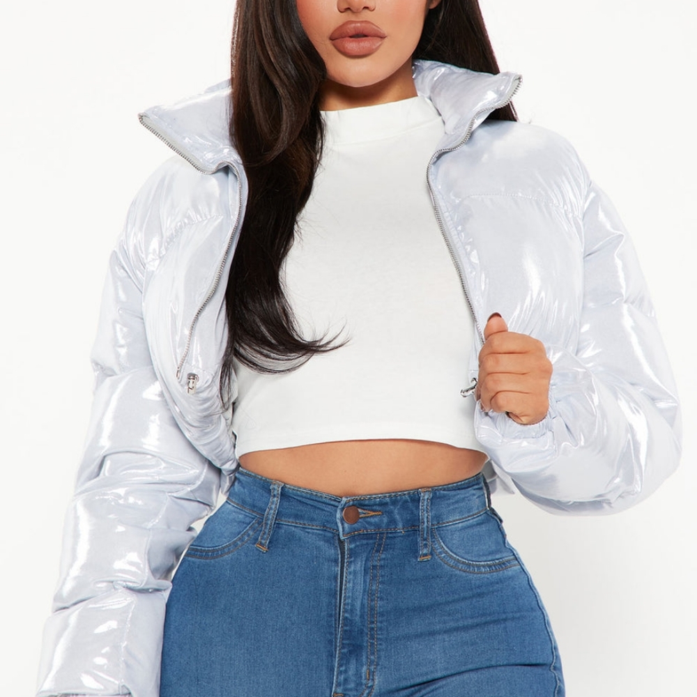 Silver holographic cropped jacket in 1x